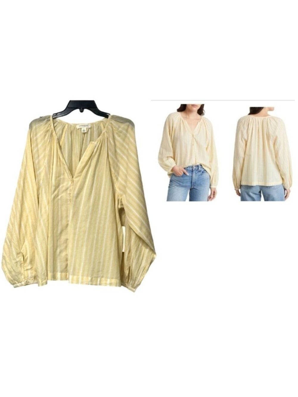 Treasure & Bond Split Neck Top In Beige- Ivory Wander Stripe, Sz. L- defective